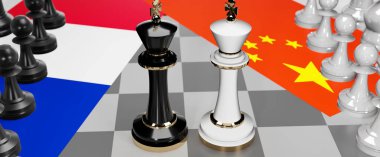 Fransa ve Çin - görüşmeler, münazara, diyalog veya iki satranç kralı olarak gösterilen bu iki ülke arasında toplantı ve müzakere sanatını sembolize eden bir çatışma, 3d illüstrasyon