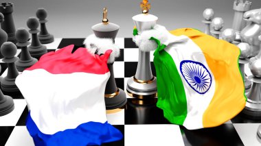 Fransa Hindistan krizi, çatışma, çatışma ve bu iki ülke arasında bir ticaret anlaşması veya ulusal bayraklarla oynanan bir satranç oyunuyla sembolize edilen hakimiyet, 3D illüstrasyon