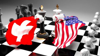 Bu iki ülke arasındaki İsviçre ABD krizi, çatışması, çatışması ve tartışması, ulusal bayraklarla oynanan bir satranç oyunu ve 3D illüstrasyonuyla sembolize edilen bir ticaret anlaşması veya egemenliği hedefliyor.