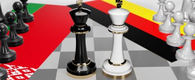 Belarus ve Almanya - görüşmeler, münazara, diyalog veya bu iki ülke arasında bayraklı iki satranç kralı olarak gösterilen ve toplantı ve müzakere sanatını sembolize eden bir çatışma, 3D illüstrasyon