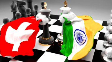 İsviçre Hindistan krizi, çatışma, çatışma ve tartışma bu iki ülke arasında bir ticaret anlaşması veya ulusal bayraklarla oynanan bir satranç oyunu ile sembolize edilen hakimiyet, 3D illüstrasyon