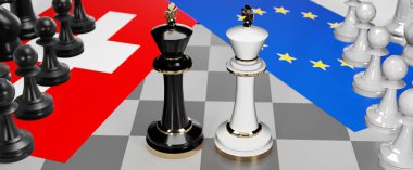 İsviçre ve AB Avrupa - görüşmeler, münazara, diyalog veya iki satranç kralı olarak gösterilen ve toplantı ve müzakere sanatını sembolize eden bayraklı iki ülke arasında bir çatışma, 3d illüstrasyon