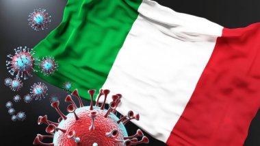 İtalya ve covid salgını - Corona virüsü bu ülkedeki savaş, mücadele ve virüs varlığını sembolize etmek için İtalya bayrağına saldırıyor.