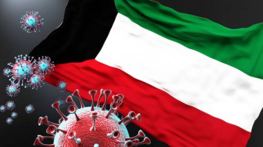 Kuveyt ve Covid salgını - Corona virüsü Kuveyt bayrağına saldırarak bu ülkedeki savaş, mücadele ve virüs varlığını sembolize ediyor.