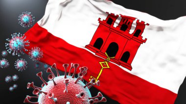 Cebelitarık ve covid salgını - Corona virüsü Cebelitarık 'ın ulusal bayrağına saldırarak bu ülkedeki savaş, mücadele ve virüsün varlığını sembolize ediyor.