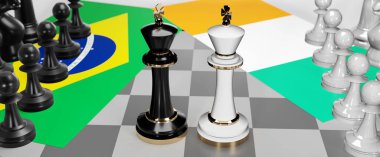 Brezilya ve İrlanda - görüşmeler, münazara, diyalog veya iki satranç kralı olarak gösterilen bu iki ülke arasında toplantı ve müzakere sanatını sembolize eden bir çatışma, 3d illüstrasyon