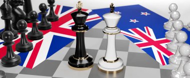 İngiltere ve Yeni Zelanda - görüşmeler, tartışmalar, diyaloglar veya iki satranç kralı olarak gösterilen ve toplantı ve müzakere sanatını sembolize eden bayraklı iki ülke arasında bir çatışma, 3d illüstrasyon