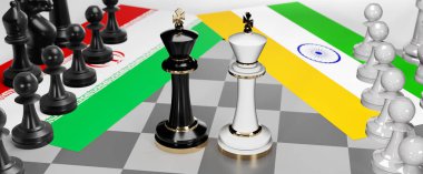 İran ve Hindistan - görüşmeler, tartışmalar, diyaloglar veya iki satranç kralı olarak gösterilen bu iki ülke arasında toplantı ve müzakere sanatını sembolize eden bir çatışma, 3d illüstrasyon