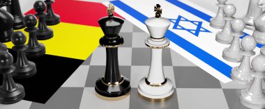 Belçika ve İsrail - görüşmeler, münazara, diyalog veya bu iki ülke arasında bayraklı iki satranç kralı olarak gösterilen ve toplantı ve müzakere sanatını sembolize eden bir çatışma, 3d illüstrasyon