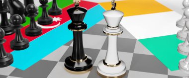 Azerbaycan ve İrlanda - görüşmeler, tartışmalar, diyaloglar veya bu iki ülke arasında bayraklı iki satranç kralı olarak gösterilen ve toplantı ve müzakere sanatını simgeleyen bir çatışma, 3d illüstrasyon