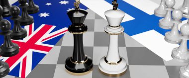 Avustralya ve Finlandiya - görüşmeler, münazara, diyalog veya iki satranç kralı olarak gösterilen ve toplantı ve müzakere sanatını sembolize eden iki ülke arasında bir çatışma, 3d illüstrasyon