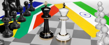 Güney Afrika ve Hindistan - görüşmeler, münazara, diyalog veya iki satranç kralı olarak gösterilen bu iki ülke arasında toplantı ve müzakere sanatını sembolize eden bir çatışma, 3d illüstrasyon