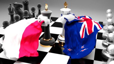 Polonya Yeni Zelanda - diplomasi sanatını sembolize eden ulusal bayraklı iki satranç kralı olarak gösterilen bu iki ülke arasındaki tartışma ve diyalog, 3d illüstrasyon