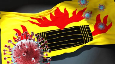 Kokkola 'daki Covid - Coronavirus, Kokkola' nın bir şehir bayrağına saldırarak bu şehirdeki virüs salgınıyla mücadele ve mücadele sembolü olan 3D illüstrasyon