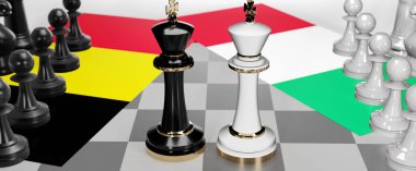 Belçika ve İtalya - görüşmeler, tartışmalar, diyaloglar veya bu iki ülke arasında bayraklı iki satranç kralı olarak gösterilen ve toplantı ve müzakere sanatını sembolize eden bir çatışma, 3d illüstrasyon