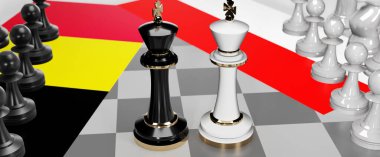 Belçika ve Endonezya - görüşmeler, tartışmalar, diyaloglar veya bu iki ülke arasında bayraklı iki satranç kralı olarak gösterilen ve toplantı ve müzakere sanatını sembolize eden bir çatışma, 3d illüstrasyon