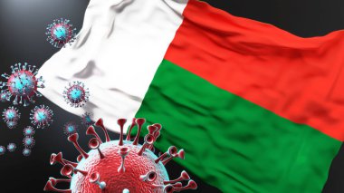Madagaskar ve covid salgını - Corona virüsü Madagaskar 'ın ulusal bayrağına saldırarak bu ülkedeki savaş, mücadele ve virüsün varlığını sembolize ediyor.