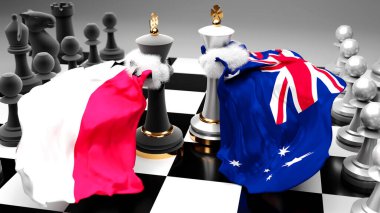 Polonya Avustralya - diplomasi sanatını sembolize eden ulusal bayraklı iki satranç kralı olarak gösterilen bu iki ülke arasındaki tartışma ve diyalog, 3d illüstrasyon