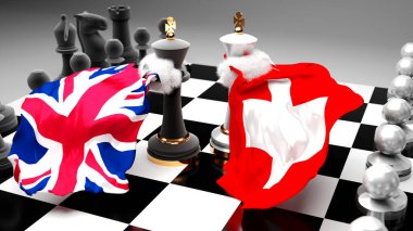 İngiltere İngiltere İsviçre - bu iki ülke arasındaki tartışma ve diyalog, diplomasi sanatını sembolize eden ulusal bayraklı iki satranç kralı olarak gösteriliyor, 3d illüstrasyon