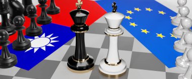 Tayvan ve AB Avrupa - görüşmeler, tartışmalar, diyaloglar veya bu iki ülke arasında bayraklı iki satranç kralı olarak gösterilen ve toplantı ve müzakere sanatını sembolize eden bir çatışma, 3d illüstrasyon