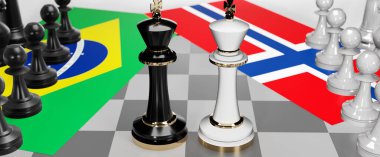 Brezilya ve Norveç - görüşmeler, münazara, diyalog veya iki satranç kralı olarak gösterilen bu iki ülke arasında toplantı ve müzakere sanatını sembolize eden bir çatışma, 3d illüstrasyon