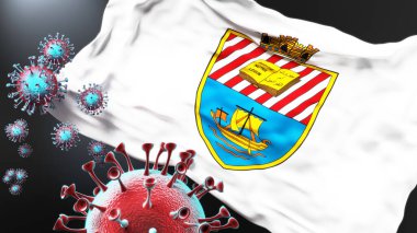 Beyrouth ve Covid salgını. Virüs Beyrouth 'un bir şehir bayrağına saldırıyor. Virüs salgınıyla mücadele sembolü olarak.