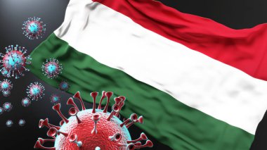 Macaristan ve Covid salgını - Corona virüsü Macaristan bayrağına saldırarak bu ülkedeki savaş, mücadele ve virüs varlığını sembolize ediyor.