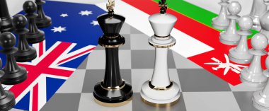 Avustralya ve Umman - görüşmeler, münazara, diyalog veya iki satranç kralı olarak gösterilen bu iki ülke arasında toplantı ve müzakere sanatını sembolize eden bayraklar, 3d illüstrasyon