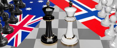 Avustralya ve Norveç - görüşmeler, münazara, diyalog veya iki satranç kralı olarak gösterilen bu iki ülke arasında toplantı ve müzakere sanatını sembolize eden bir çatışma, 3d illüstrasyon