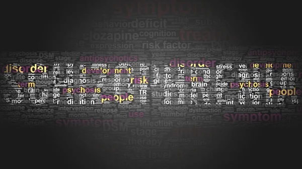 Schizophrenia - essential terms related to Schizophrenia arranged by importance in a 2-color word cloud poster. Reveal primary and peripheral concepts related to Schizophrenia, 3d illustration
