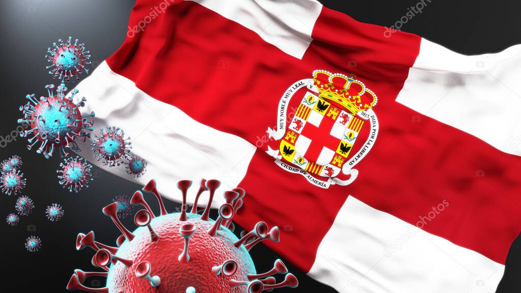 Almeria and covid pandemic - virus attacking a city flag of Almeria as a symbol of a fight and struggle with the virus pandemic in this city, 3d illustration