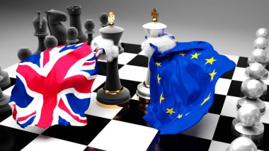 İngiltere 'nin AB Avrupa' sı - diplomasi sanatını sembolize eden ulusal bayraklı iki satranç kralı olarak gösterilen bu iki ülke arasındaki tartışma ve diyalog, 3d illüstrasyon