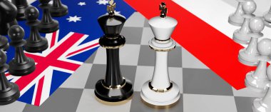 Avustralya ve Endonezya - görüşmeler, tartışmalar, diyaloglar veya bu iki ülke arasında bayraklı iki satranç kralı olarak gösterilen ve toplantı ve müzakere sanatını sembolize eden bir çatışma, 3d illüstrasyon