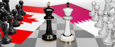Kanada ve Katar - görüşmeler, münazara, diyalog veya iki satranç kralı olarak gösterilen ve toplantı ve müzakere sanatını sembolize eden bayraklı iki ülke arasında bir çatışma, 3d illüstrasyon