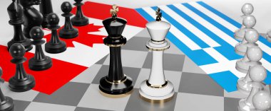 Kanada ve Yunanistan - görüşmeler, tartışma, diyalog veya iki satranç kralı olarak gösterilen ve toplantı ve müzakere sanatını sembolize eden iki ülke arasında bir çatışma, 3D illüstrasyon