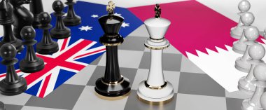 Avustralya ve Katar - görüşmeler, münazara, diyalog veya iki satranç kralı olarak gösterilen ve toplantı ve müzakere sanatını sembolize eden bayraklı iki ülke arasında bir çatışma, 3d illüstrasyon