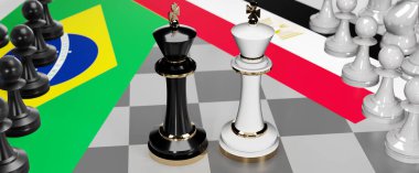 Brezilya ve Mısır - görüşmeler, münazara, diyalog veya iki satranç kralı olarak gösterilen bu iki ülke arasında toplantı ve müzakere sanatını sembolize eden bir çatışma, 3d illüstrasyon