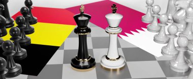 Belçika ve Katar - görüşmeler, tartışmalar, diyaloglar veya bu iki ülke arasında bayraklı iki satranç kralı olarak gösterilen ve toplantı ve müzakere sanatını simgeleyen bir çatışma, 3d illüstrasyon