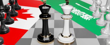 Kanada ve Suudi Arabistan - görüşmeler, tartışmalar, diyaloglar veya iki satranç kralı olarak gösterilen ve toplantı ve müzakere sanatını sembolize eden iki ülke arasında bir çatışma, 3D illüstrasyon