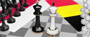 Polonya ve Belçika - görüşmeler, münazara, diyalog veya bu iki ülke arasında bayraklı iki satranç kralı olarak gösterilen ve toplantı ve müzakere sanatını sembolize eden bir çatışma, 3d illüstrasyon