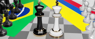 Brezilya ve Kolombiya - görüşmeler, tartışmalar, diyaloglar veya bu iki ülke arasında bayraklı iki satranç kralı olarak gösterilen ve toplantı ve müzakere sanatını sembolize eden bir çatışma, 3D illüstrasyon