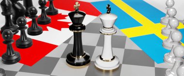 Kanada ve İsveç - görüşmeler, münazara, diyalog veya iki satranç kralı olarak gösterilen bu iki ülke arasında toplantı ve müzakere sanatını sembolize eden bir çatışma, 3d illüstrasyon