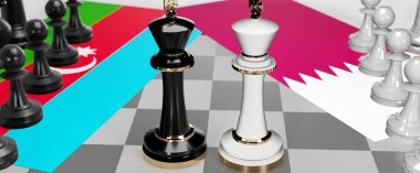 Azerbaycan ve Katar - görüşmeler, tartışmalar, diyaloglar veya bu iki ülke arasında bayraklı iki satranç kralı olarak gösterilen ve toplantı ve müzakere sanatını sembolize eden bir çatışma, 3d illüstrasyon