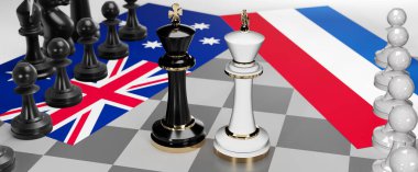 Avustralya ve Hollanda - görüşmeler, tartışmalar, diyaloglar veya bu iki ülke arasında bayraklı iki satranç kralı olarak gösterilen ve toplantı ve müzakere sanatını sembolize eden bir çatışma, 3d illüstrasyon
