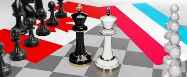 Kanada ve Lüksemburg - görüşmeler, tartışmalar, diyaloglar veya iki satranç kralı olarak gösterilen ve toplantı ve müzakere sanatını sembolize eden iki ülke arasında bir çatışma, 3d illüstrasyon