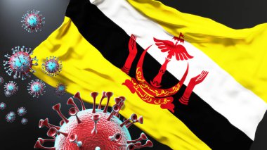 Brunei Darussalam ve covid salgını - Corona virüsü Brunei Darussalam 'ın ulusal bayrağına saldırarak bu ülkedeki savaş, mücadele ve virüs varlığını sembolize ediyor.
