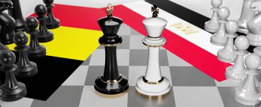 Belçika ve Mısır - görüşmeler, münazara, diyalog veya bu iki ülke arasında bayraklı iki satranç kralı olarak gösterilen ve toplantı ve müzakere sanatını sembolize eden bir çatışma, 3d illüstrasyon