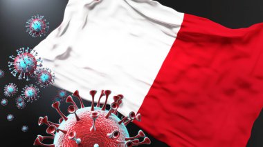 Malta ve Covid salgını - Corona virüsü Malta ulusal bayrağına saldırarak bu ülkedeki savaş, mücadele ve virüs varlığını sembolize ediyor.