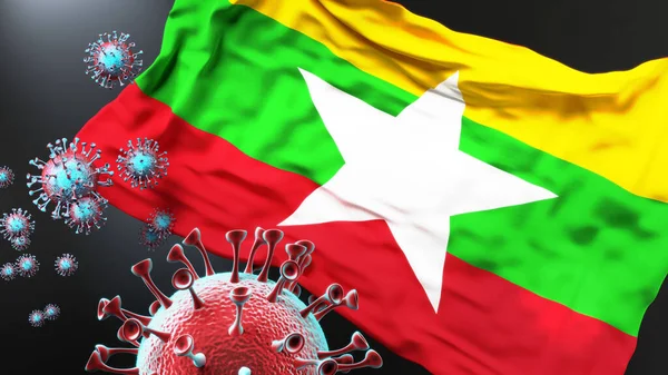 Myanmar Pandemia Covid Virus Corona Che Attacca Bandiera Nazionale Del — Foto Stock