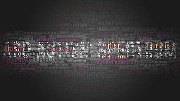自閉症スペクトラムについて 2色のワードクラウドポスターに配置されたそれに関連する重要な用語 関連する一次概念と周辺概念を明らかにする 3Dイラスト — ストック写真